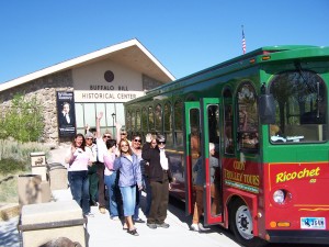 Tourists boarding the Cody Trolley