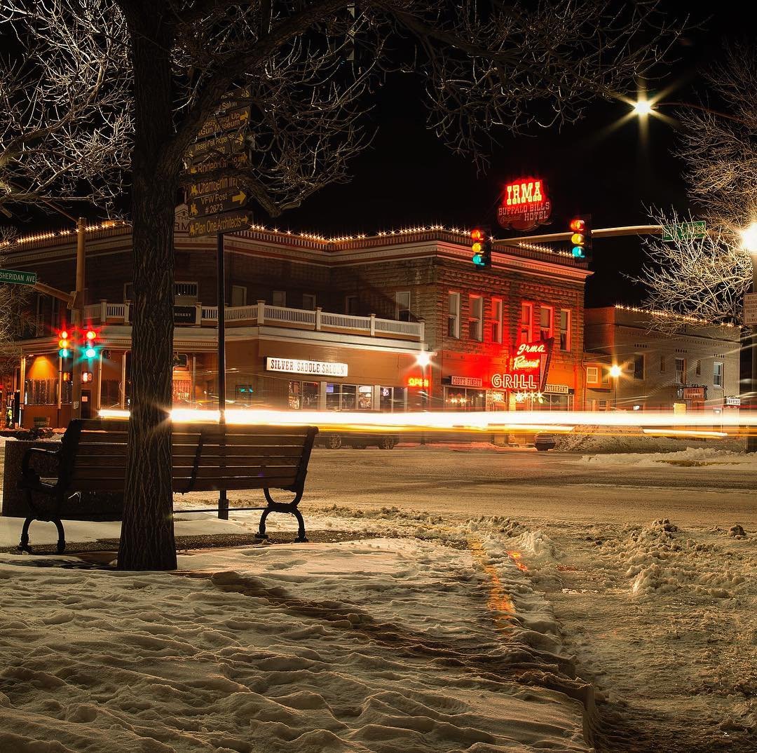 A shot of the Irma Hotel on a snowy night in Cody Yellowstone