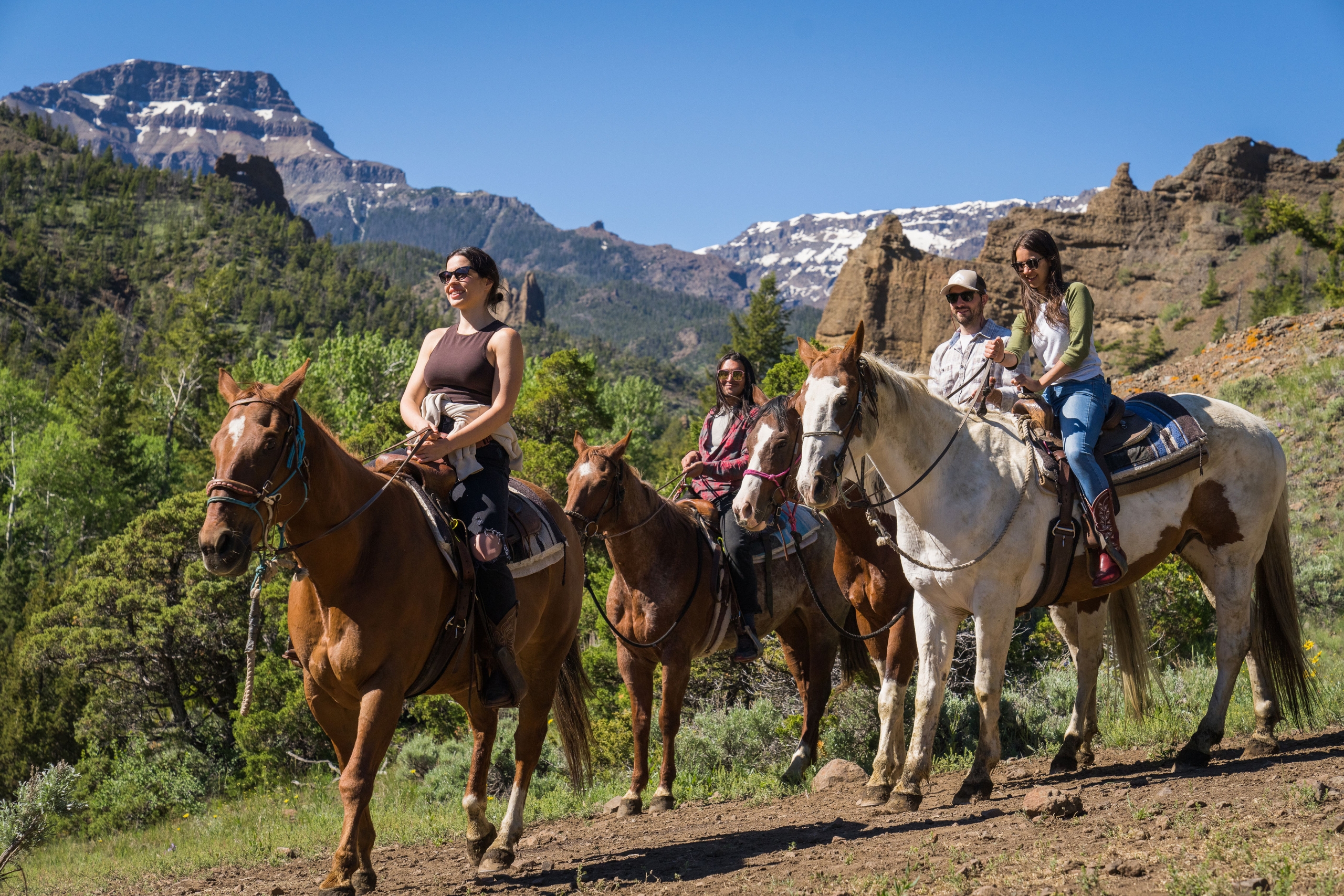 A group travels by horseback with a guide in Cody Yellowstone