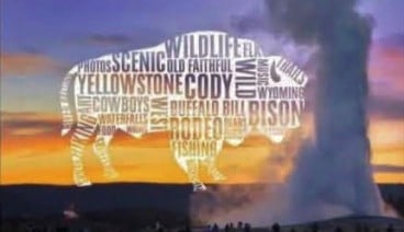 Sunset image with text written over the image in the shape of a buffalo.