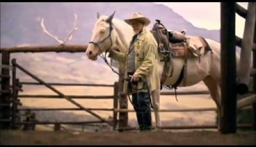 A man standing with a very large white horse at a ranch