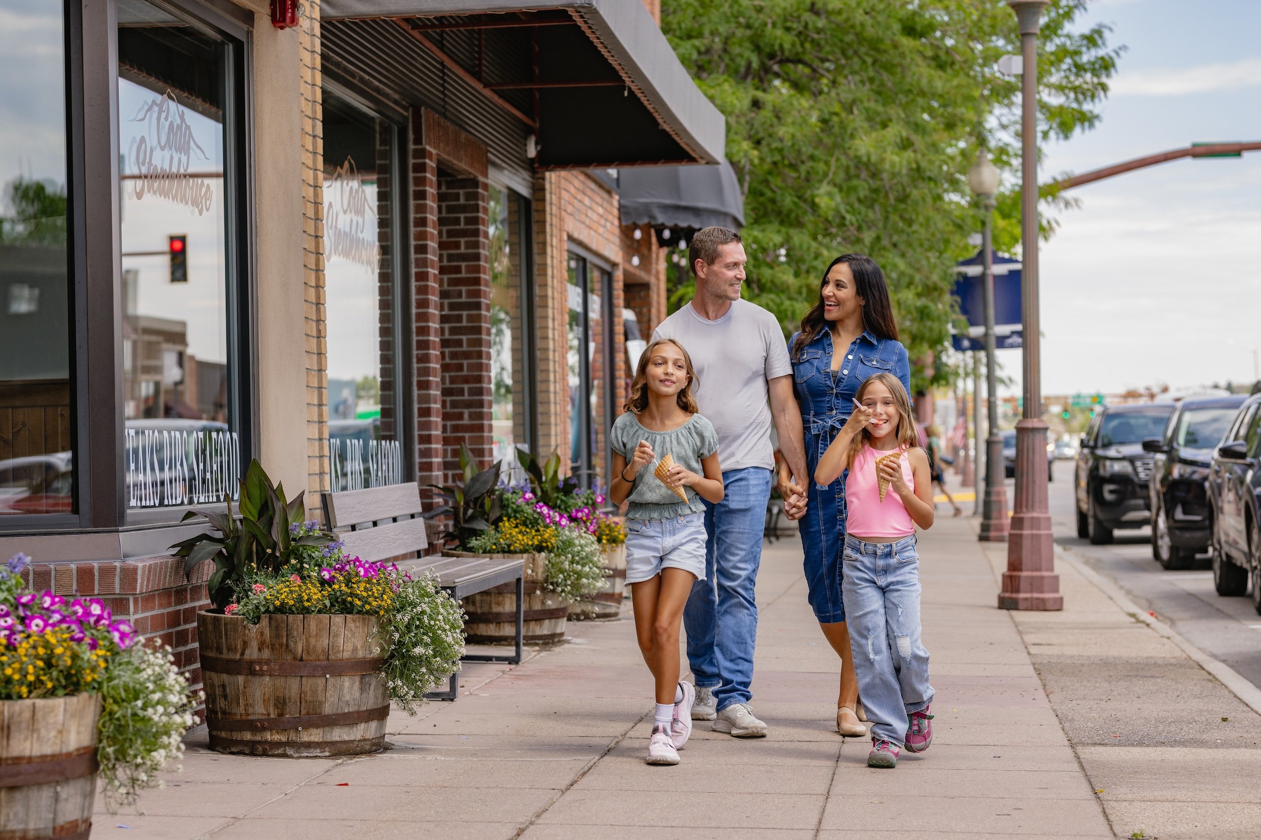 Young family exploring downtown
