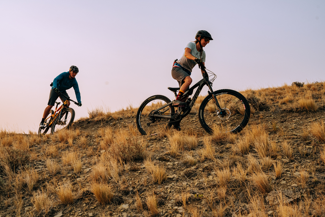 Two people biking in the early evening