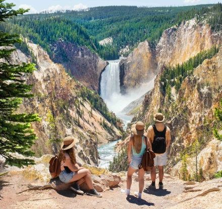 A family relaxes near Artist Point in Yellowstone National Park